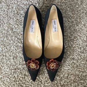 Jimmy Choo Floral Accent Pointy Toe Kitten Heels